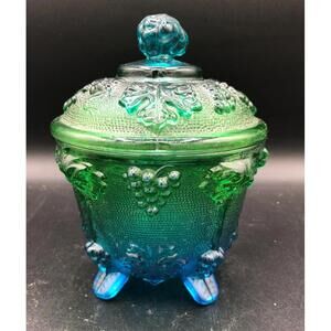 603 - Jeannette Glass Grape & Leaf Footed Candy Dish with Lid – Depression Era